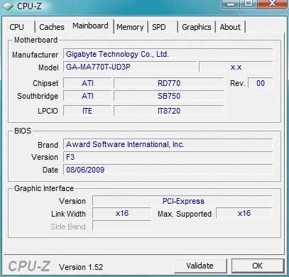 Характеристики материнської плати Gigabyte GA-MA770T-UD3P в програмі CPU-Z
